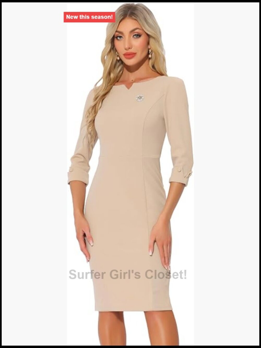 Women's Business Casual Sheath Dress 3/4 Sleeve Back Slit Bodycon Midi